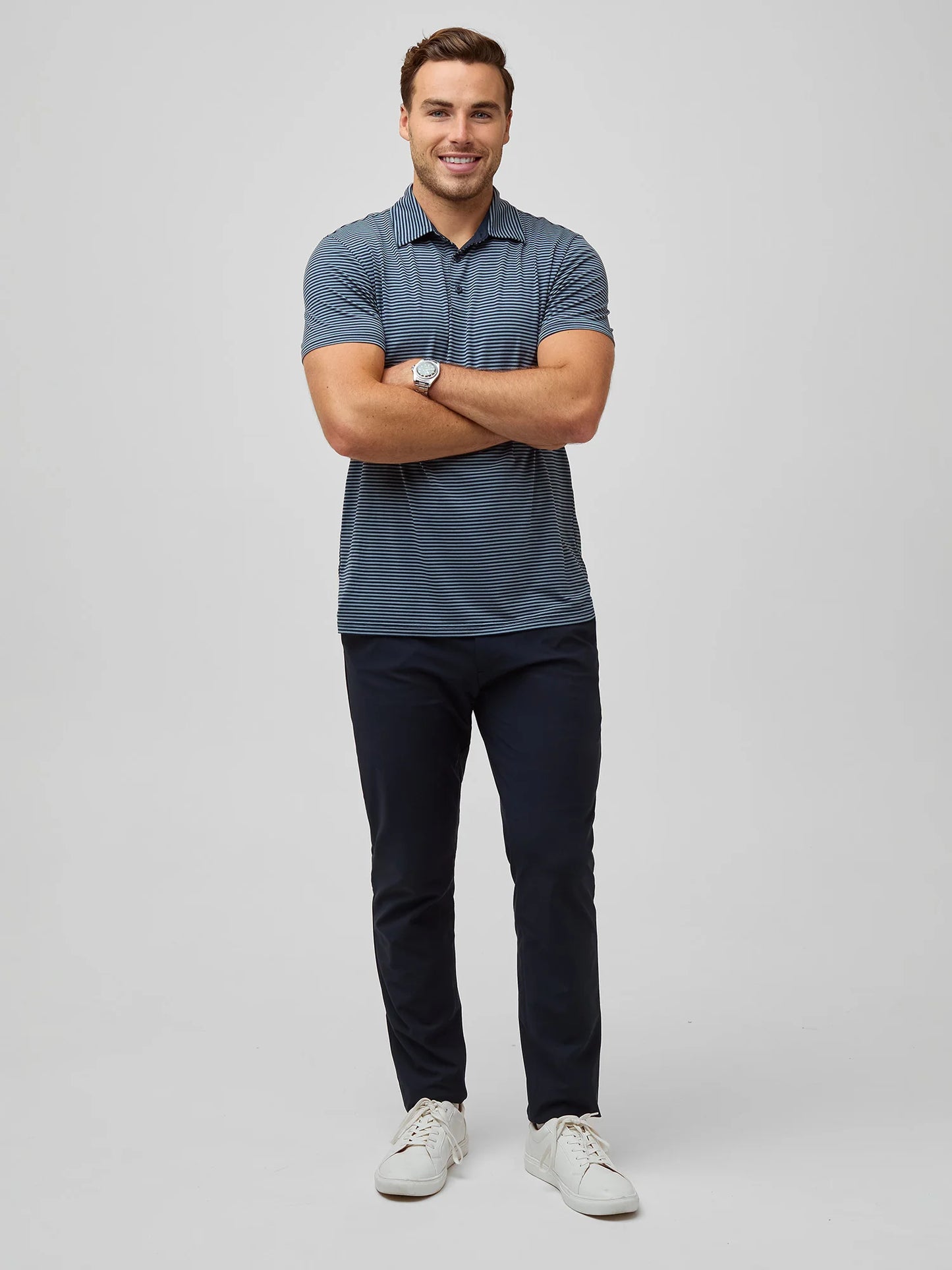 Navy + Wedgewood Striped Performance Cool Polo