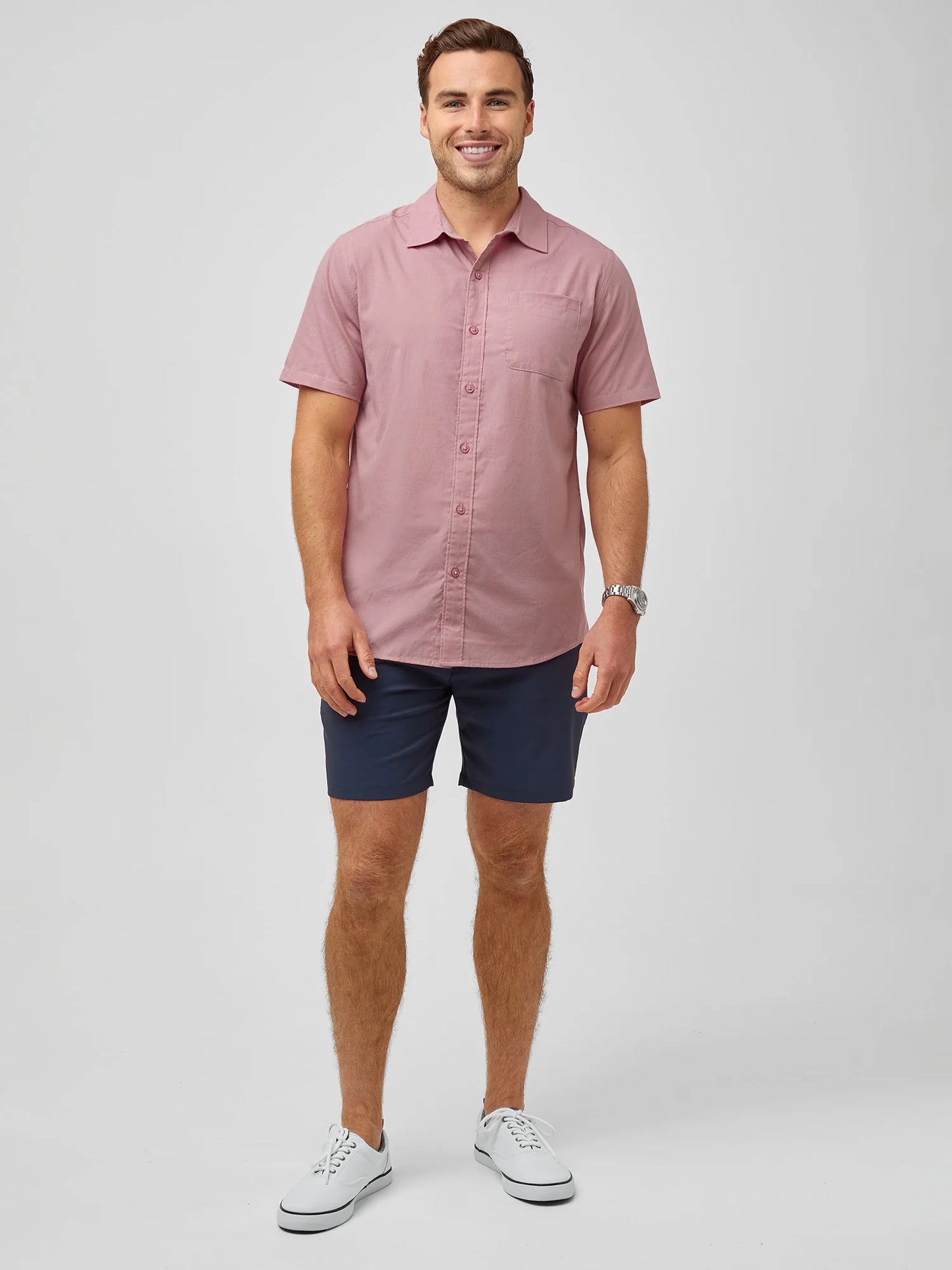 Chalk Pink Short Sleeve Stretch Button Up